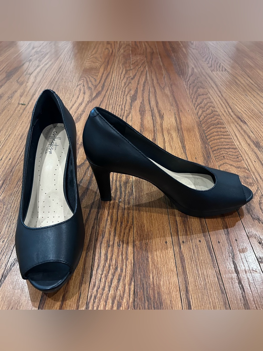 Clarks Black Peep-Toe Mid Heel Pump
